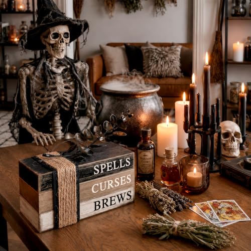4 Pcs Halloween Table Decorations Halloween Tiered Tray Decorations Rustic Mini Eucalyptus Leaf Coffee Wooden Faux Books Stacks Centerpiece Signs for Farmhouse Office Shelf Tabletop Office Bookshelf - style: Eucalyptus Leaf