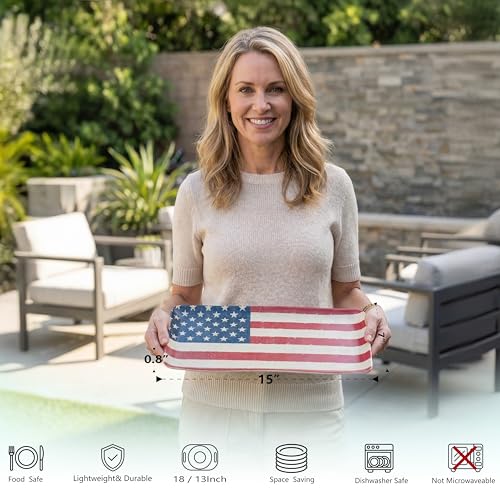 KINGEN American Flag Serving Platter, Rectangular 15inch Serving Dishes Set of 2 for Entertaining, Durable & Dishwasher Safe, Bamboo Serving trays for party, Cheese, 4th of July Series, Red White Blue