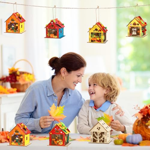 12 Thanksgiving Fall Crafts Wooden House for Boy, Girl & Adult, Fall Activities Kit DIY with Paint Pen Pumpkin Turkey Owl, Thanksgiving Arts and Crafts for Classroom Party Favors & Gift Supplies Bulk - style: Fall Thanksgiving
