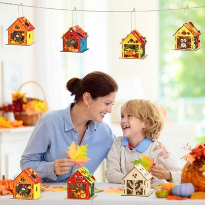 12 Thanksgiving Fall Crafts Wooden House for Boy, Girl & Adult, Fall Activities Kit DIY with Paint Pen Pumpkin Turkey Owl, Thanksgiving Arts and Crafts for Classroom Party Favors & Gift Supplies Bulk - style: Fall Thanksgiving