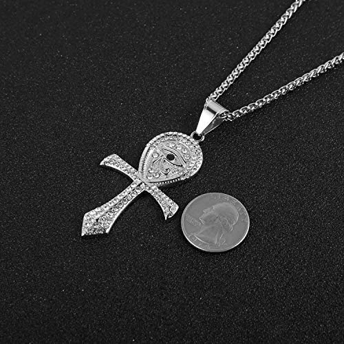 HZMAN CZ Eye of Horus Egypt Protection Pendant Coptic Ankh Cross Religious Stainless Steel Necklace - color: Silver
