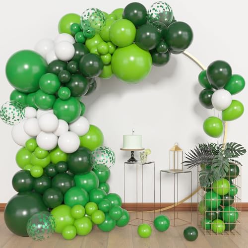 Amandir 153피스 그린 풍선 아치 가랜드 키트, 다양한 사이즈 45.7cm(18인치), 30.5cm(12인치), 25.4cm(10인치), 12.7cm(5인치), 다크 에메랄드 라이트 라임 그린 라텍스 색종이 조각 풍선 사파리 정글 세례 샤워 생일 졸업 파티 장식 - color: 그린 화이트.