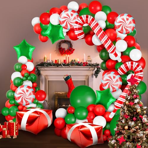 KatchOn, Christmas Balloon Arch Kit - Pack of 123 | Latex & Foil Balloons for Outdoor Christmas Decorations Indoor | Candy Cane Balloon for Merry Xmas Balloons Decorations | Xmas Latex Balloon - color: Red Green and White Pack of 123