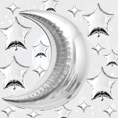 50pcs Silver Moon and Star Balloons,36"Moon Foil Balloons 18"10" Star Foil Balloons Four Pointed Star Balloon Mylar Balloon for Baby Shower Christmas Wedding Birthday Party - color: Silver Moon Star
