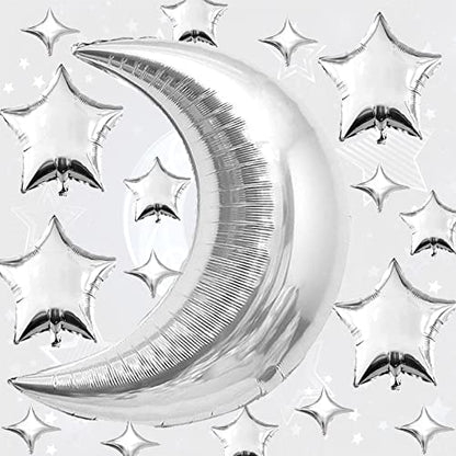 50pcs Silver Moon and Star Balloons,36"Moon Foil Balloons 18"10" Star Foil Balloons Four Pointed Star Balloon Mylar Balloon for Baby Shower Christmas Wedding Birthday Party - color: Silver Moon Star
