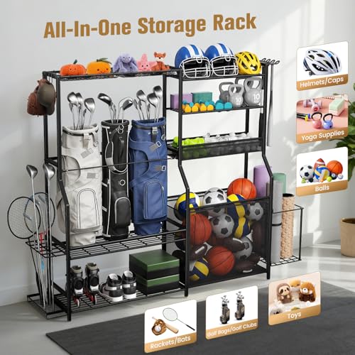 Garage Sports Equipment Organizer, 3 Golf Bag Organizer Stand Heavy-Duty Ball Storage Rack with Basket and Hooks, Ball Storage Cart for Toy Sports Gear Storage, Black