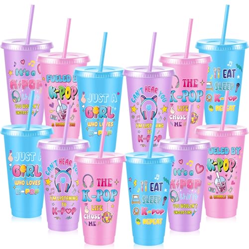 Chuangdi 12 Pcs Kpop Theme Party Supplies 24 oz Reusable Plastic Tumbler with Lid and Straw, K Pop Cups Bulk for Women Kpop Birthday Decorations Popular Singer Party Favors, Korean Music Lover Gifts - style: Kpop