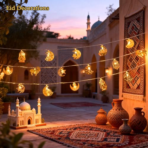 Ramadan Eid Mubarak Lights, Metal Islamic Lantern Moon Decor Lights with Remote Control, 8 Lighting Modes & 2 Brightness, Ideal for Eid Home Party Fireplace Wall Decor Indoor - style: Eid Decorations