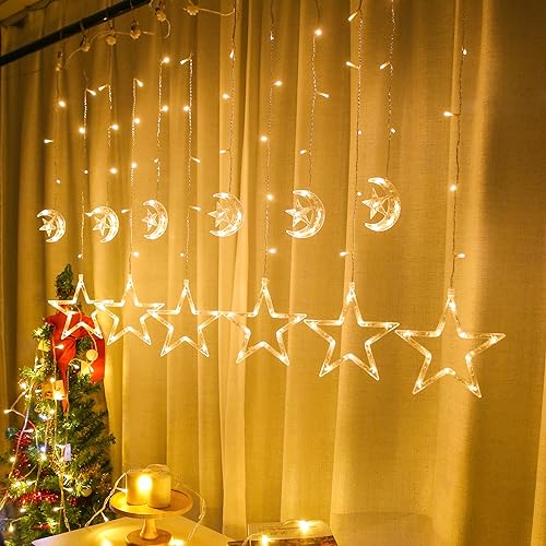 LED Moon Star Curtain String Lights, 138 LED USB Powered Fairy Hanging Lights with 8 Lighting Modes 6-Hour Timer Waterproof for Bedroom Wall Window Christmas Decoration (Star) - style: Star