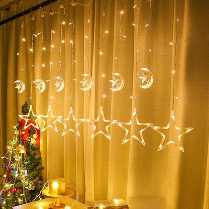 LED Moon Star Curtain String Lights, 138 LED USB Powered Fairy Hanging Lights with 8 Lighting Modes 6-Hour Timer Waterproof for Bedroom Wall Window Christmas Decoration (Star) - style: Star
