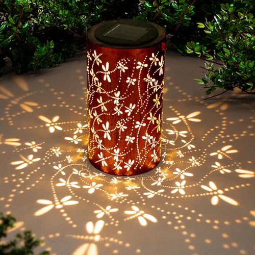 YISITEONE Dragonfly Outdoor Solar Lanterns, Garden Waterproof Metal Hanging Decor Lights for Patio Yard Pathway Lawn Front Porch, Birthday Gardening Gifts for Women Mom Grandma - style: Dragonfly