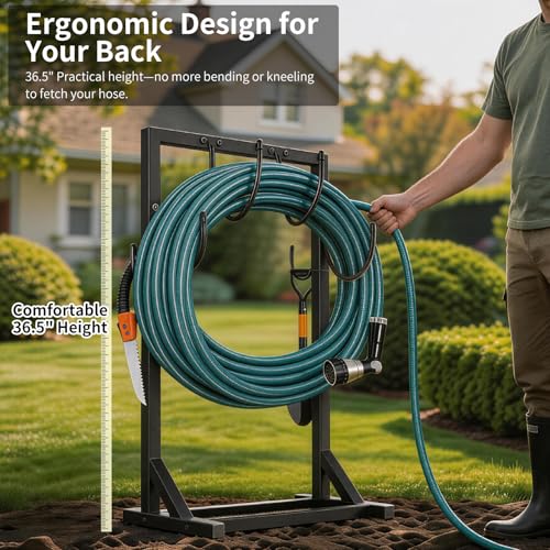 Garden Hose Holder Stand, BOLITE Heavy Duty Metal Hose Hanger, Holds 150ft | Freestanding & Detachable Water Hose Holder for Outside, 4 Spikes & 2 Tool Hooks, Storage Rack for Outside Yard Lawn Farm - style: Freestanding