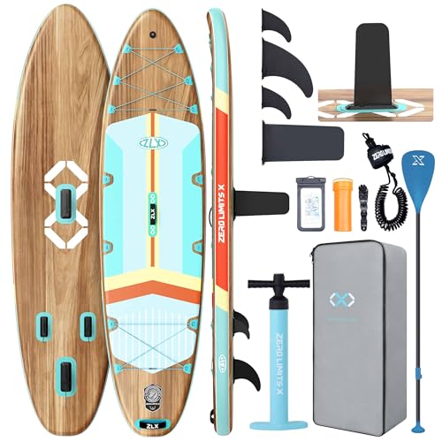 ZLX 11'6"x35" Ultra Wide Inflatable Stand Up Paddle Board | Stable Non-Slip Deck Pad, Unique Fin System, Premium SUP Accessories & Backpack - Upgraded Pump for Adults, All Skill Levels - color: Brown Wood