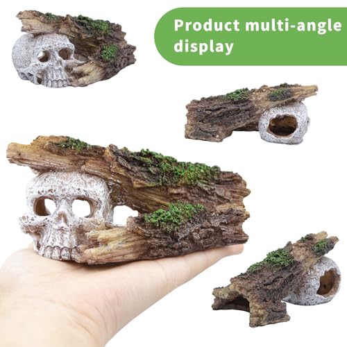 Skull Fish Tank Decor, Resin Aquarium Cave with Realistic Tree Trunk, Hollow Hideout for Betta Fish, Shrimp and Small Fish, Gothic Aquarium Ornament, 5.7 in