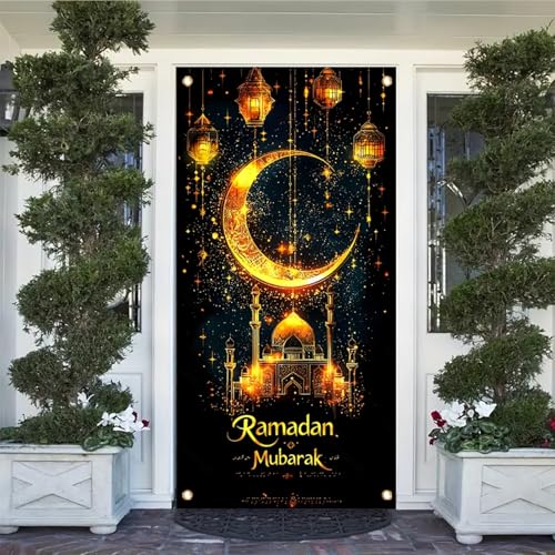 Ramadan Door Cover Banner 71x35 inch Golden Crescent Moon Mosque Lantern Design Ramadan Mubarak Door Decoration for Front Door Indoor Outdoor Islamic Festival Home Decor - color: Style 3