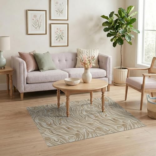 4'x6' Beige Beachy with Rustic Ocean Shell Motif Washable Area Rug | Natural Seashell Starfish and Sand Waves for Bedroom, Reading Nook, Pet Friendly & Non-Shedding - color: Beige/Pattern 28, size: 4' x 6' (Rectangular)