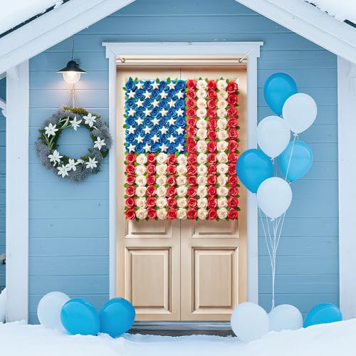 IVN American Flag Door Cover 35x71 Inch Patriotic Red White Blue Rose Flower Banner with Stars and Stripes Fourth of July Front Porch Decoration Memorial Day Wall Hanging Indoor Outdoor Display - color: American Flag