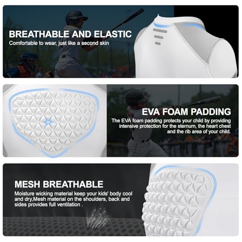 Youth Chest Protector Padded Compression Shirt, Heart Sternum Guard - color: White Grey, size: Large