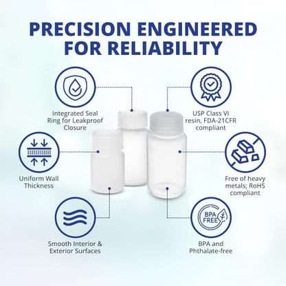 United Scientific™ Sample Bottles with Lids, Polypropylene, 250ml, 12-Pack | 8 oz Wide Mouth Reagent Bottle, Autoclavable, Leakproof, BPA & Phthalate Free, Laboratory Grade Plastic Bottles with Lids - size: 8 oz (Pack of 12)