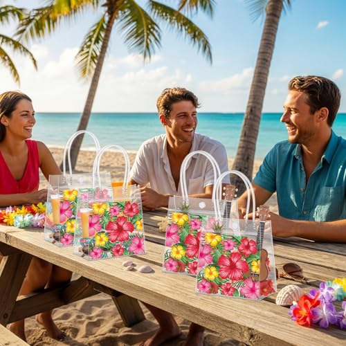 Aliceset 24 Pcs Clear Hawaiian Gift Bags with Handles Tropical Floral Hawaiian Luau Party Favor Bag for Aloha Theme Tropical Luau Summer Party with Palm Leaves 6.31"x 5.91"x 3.15" - style: Hibiscus with Leaves
