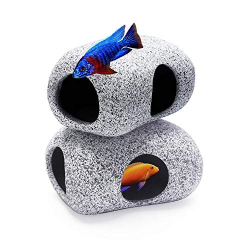 2PCS Aquarium Hideaway Rocks for Aquatic Pets to Breed, Play and Rest, Safe and Non-Toxic Fish Tank Ornaments, Ceramic Decor Rocks for Betta - size: 3.7"x2.7"x2"(2 pcs)