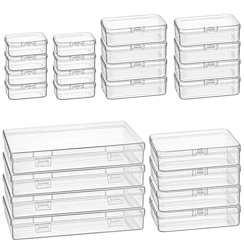 24 Pieces Mixed Sizes Rectangular Empty Mini Clear Plastic Organizer Box | Hinged Lids, For Small Items, Craft Projects - size: 4 Sizes