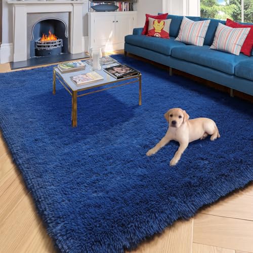 4x4 Hot Pink + 4x6 Navy Blue Rugs for Bedroom, Fluffy Round Rug for Living Room, Shag Furry Carpet for Kids Room, Throw Rug for Boys Room, Cute Room Decor for Baby Nursery