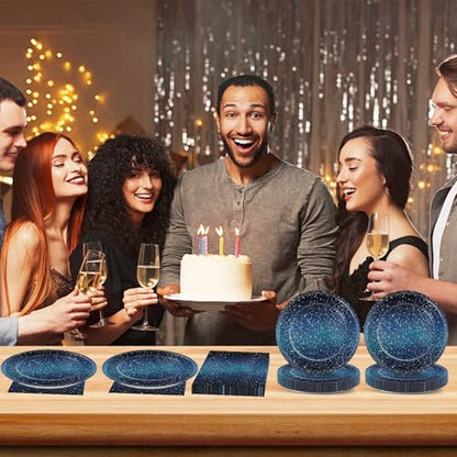 48Pcs Starry Night Starry Sky Galaxy Paper Plates and Napkins Solar System Party Decorations Ramadan Birthday Party Supplies Outer Space Disposable Tableware for Baby Shower Boys Girls Serves 24 - style: Starry Night