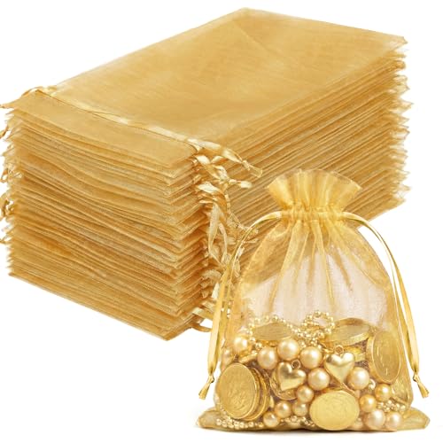 FUNFERY 100Pcs Gold Organza Bags 3x4 in,Small Mesh Drawstring Gift Bag - color: Gold-3"x4"