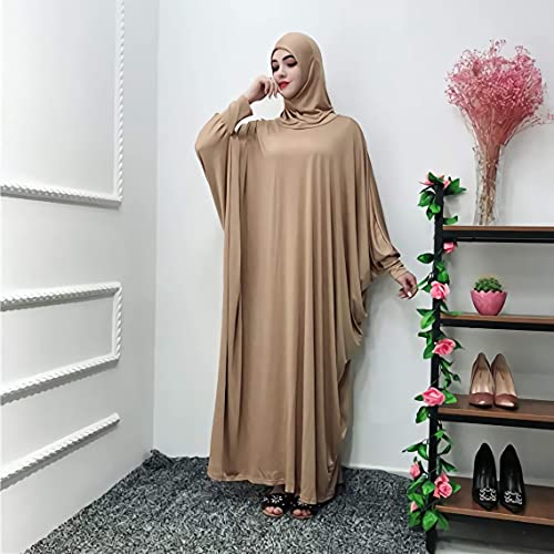 FPOVFPO Womens Solid One-Piece Prayer Dress Muslim Abaya Islamic Maxi Breathable Ramadan Dress Kaftan Hijab - color: Brown