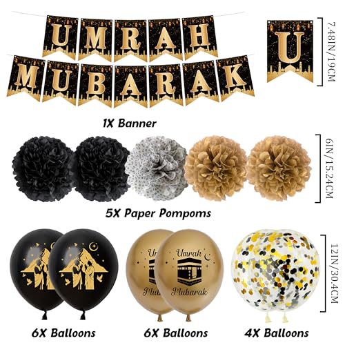 Umrah Mubarak Decorations Party Banner - Black Gold Mubarak Balloons Paper Pom Poms and Cake Topper, Hajj Mubarak Islamic Festival Decor Supplies