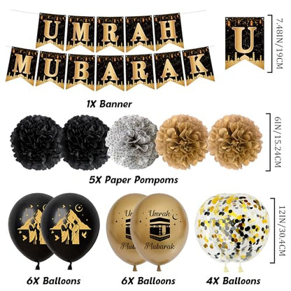 Umrah Mubarak Decorations Party Banner - Black Gold Mubarak Balloons Paper Pom Poms and Cake Topper, Hajj Mubarak Islamic Festival Decor Supplies