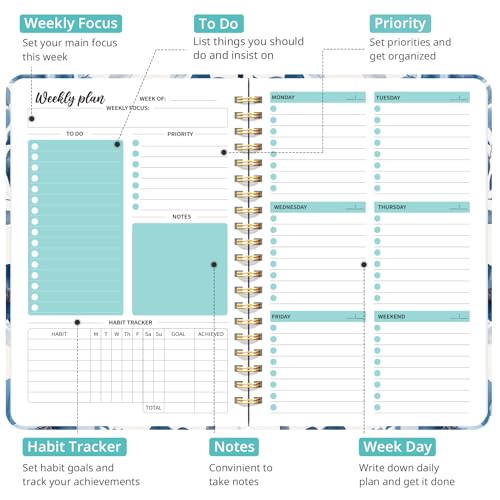 Taja Undated Weekly Planner, Weekly To Do List Notebook with Goal & Habit Tracker Organizer, A5 Weekly Planner Notebook with Spiral Binding, 6.1" x 8.2" - Blue Blossom - color: e.Blue Blossom