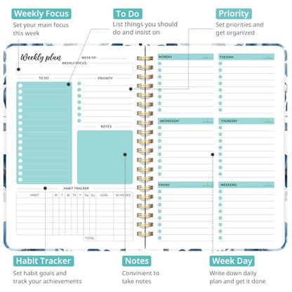 Taja Undated Weekly Planner, Weekly To Do List Notebook with Goal & Habit Tracker Organizer, A5 Weekly Planner Notebook with Spiral Binding, 6.1" x 8.2" - Blue Blossom - color: e.Blue Blossom