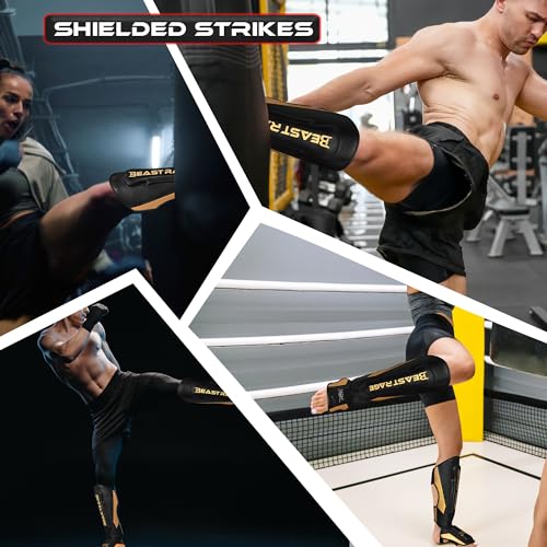 BEAST RAGE MMA Martial Arts Shin Guards for Kickboxing Adjustable Muay Thai, Padded Martial Arts Shin Pads Leg Guard with Instep Sleeves MMA Training BJJ Karate Boxing Taekwondo - color: GOLDEN, size: X-Large