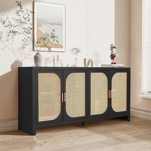 Fiogmub Rattan Sideboard Buffet Cabinet with Storage, Wooden Cabinet | 4 Doors Adjustable Shelves, for Kitchen, Dining Room, Entryway - color: Black