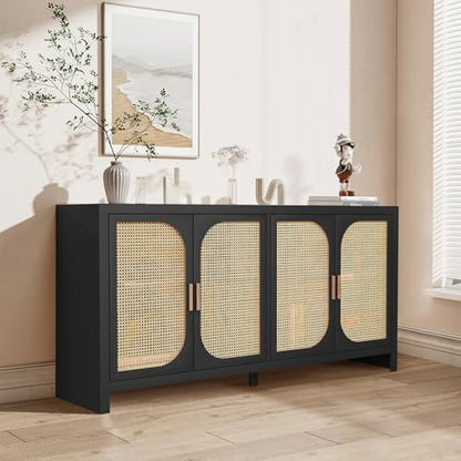 Fiogmub Rattan Sideboard Buffet Cabinet with Storage, Wooden Cabinet | 4 Doors Adjustable Shelves, for Kitchen, Dining Room, Entryway - color: Black