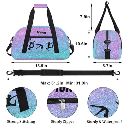 Custom Dance Bag, Gradient Purple Blue Glittering Gym Silhouette | Personalized Kids Gym Bag for Girls Customized Travel Sports Duffel Bag Name - color: Color 29