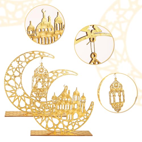 2pcs Eid Mubarak Kareem Table Sign, Wooden Moon Hollow Star Ornament Ramadan Hollow Ornament Wood Ramadan Decorations Islamic Home Decor Gifts for Home Muslim Party Tabletop Decor