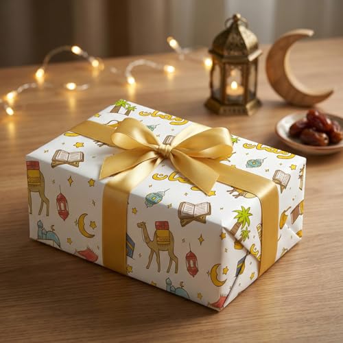 GIOLNIAY Ramadan Wrapping Paper - Eid Gift Wrap with Islamic Lanterns, Camels, Crescent Moon, Mosques and Arabic Ramadan Lettering - 4 Jumbo Sheets, 28" x 40" Each, Easy to Store