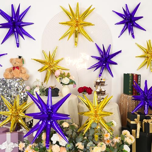 9Pcs Purple and Gold Star Balloons, Large Spike Foil Balloons Party Decor - color: Gold + Dark Purple