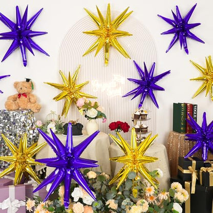 9Pcs Purple and Gold Star Balloons, Large Spike Foil Balloons Party Decor - color: Gold + Dark Purple