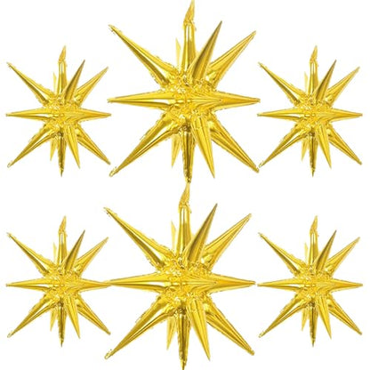 6 Pcs Gold Star Foil Balloons One-Piece 14-Pointed Star Balloon 4D Starburst Cone Mylar Balloon 22inch Christmas Birthday Wedding Wedding Anniversary Party Supplies (22&27 Inches Gold) - color: 22&27 Inches Gold