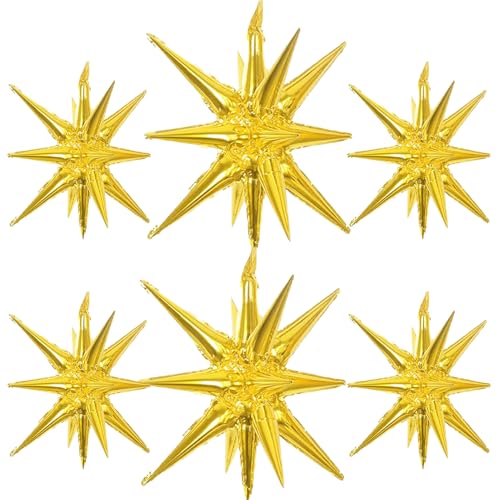 6 Pcs Gold Star Foil Balloons One-Piece 14-Pointed Star Balloon 4D Starburst Cone Mylar Balloon 22inch Christmas Birthday Wedding Wedding Anniversary Party Supplies (22&27 Inches Gold) - color: 22&27 Inches Gold