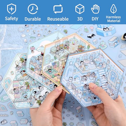 Girls 3D Miniature Scene Stickers, 4 Sets Penguin Holiday DIY House Stickers for Sweet World,Fun Beach,Flower Room,Home Diary, Cute 3D Cartoon Scene Stickers for Adult Kids Relief Stress Pass The Time - style: Penguin Holiday