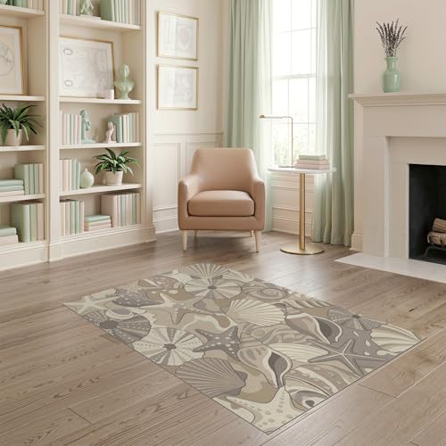 4'x6' Washable Flatwoven Rug, Beige Beachy Seashell Easy Care Throw Carpet for Dorm Room, Small Living Room, Apartment, Stain Resistant Low Profile Floor Covering | Ref:1903053 - color: Beige/Pattern 15, size: 4' x 6' (Rectangular)