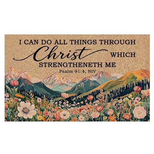 Christian Mountain Faux Coco Coir Doormat Door Mat, I Can Do All Things Through Christ Decorative Welcome Doormat for Home Indoor Outdoor Porch Front Door Entrance Outside, 17x30 Inch - color: Mountain 2