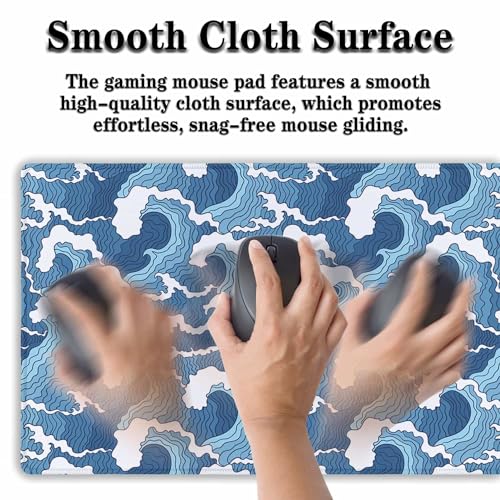 Large Desk Pads Blue and White Desktop Pad, Pc Mouse Pad Keyboard Mat, Desk Pad Gaming Waterproof Non-Slip Rubber Base, 35.4 X 15.7 inch for Work/Game/Office/Home Japanese Abstract Waves - color: Japanese Abstract Blue And White Wave