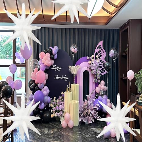 6 Pcs White Star Foil Balloons One-Piece 14-Pointed Star Balloon 4D Cone Mylar 22inch Christmas Birthday Wedding Fireworks Shape Party Supplies (White) ﻿ - color: White