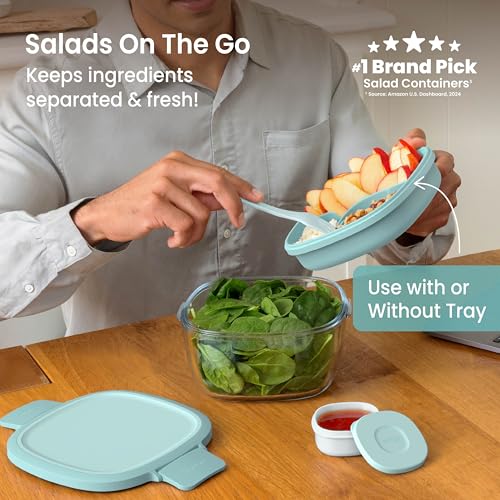 Bentgo Glass Salad Container - 7.6-Cup Salad Bowl with Airtight Lid, Leak-Proof Sauce Container, 4-Compartment Bento Tray & Reusable Fork - BPA-Free for Meal Prep, Office & More (Coastal Seaglass) - color: Coastal Seaglass